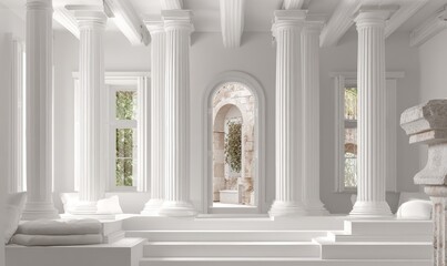 White colonnaded hall with arched doorway, showcasing a tranquil, classical design