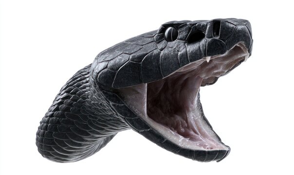 A black snake head, fangs visible, open mouth against a clean white background. Striking and potentially dangerous