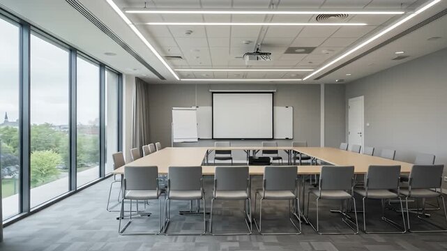 Meeting room with large windows, projector, screen, conference table, and gray chairs