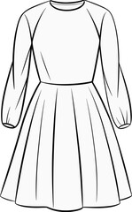 Black and white fashion illustration of a long sleeve gathered skirt dress Keywords: dress, fashion, illustration, drawing
