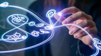 A close-up of a hand tracing an intricate, glowing magical symbol in the air, manipulating pure energy - Powered by Adobe