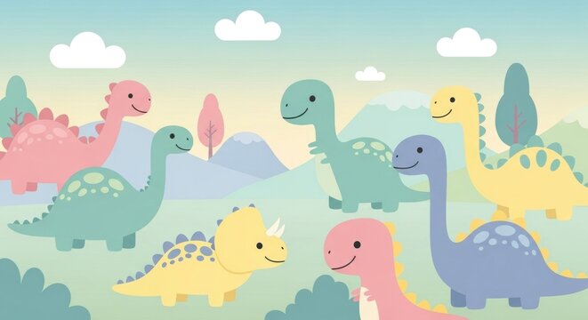 A pastel-colored illustration depicts seven cartoon dinosaurs in a playful scene with trees, clouds, and a rolling landscape
