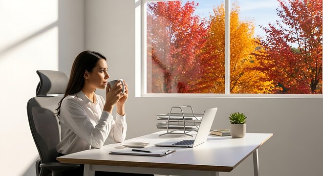Minimalist Office Interior with Autumn Leaves Outside Window