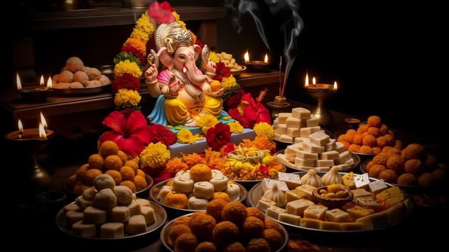 Ganesha Idol with Diwali Sweets and Festive Decorations A Vibrant Celebration of Deepavali