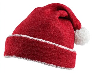 Red knitted Santa hat with white trim and pom-pom, isolated on a white background, slightly tilted