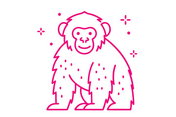 Bright pink chimp sits with dots and plus signs outlining the friendly monkey