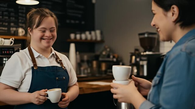 Smiling barista hands two cups to a customer inside a coffee shop or cafe - Powered by Adobe