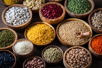 Legumes, a set consisting of different types of beans, lentils and peas