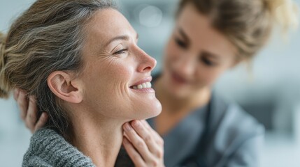 Naklejka premium A woman smiles contentedly while receiving a treatment from a professional, showcasing relaxation and care in a serene environment.