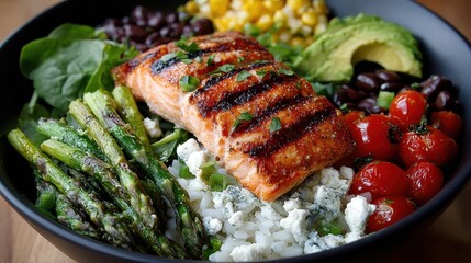 Grilled salmon salad with rice, corn, beans, avocado, and asparagus. Show healthy eating for lunch, and nutrition concepts in advertisements.
