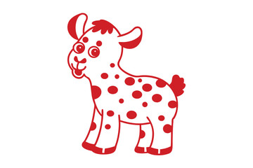 Cartoon baby goat stands smiling happily, displaying red polka dots, on a white background