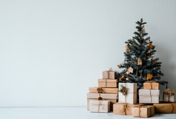 Stacked presents near a decorated evergreen tree, against a plain white wall and floor, holiday cheer