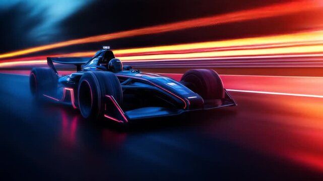 A race car speeds down a track, blurred lights suggesting high velocity and dynamic motion.