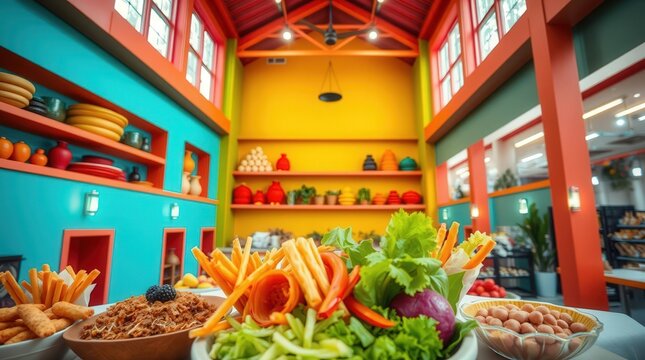 Traditional Chinese lanterns in a vibrant market with fresh fruits and healthy vegetables - Powered by Adobe
