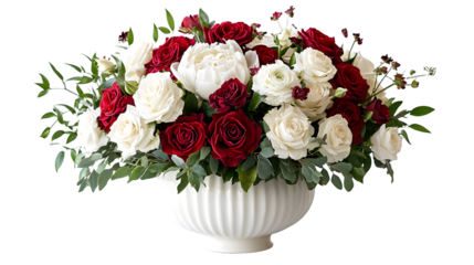 Lush and Vibrant Red Rose and White Peony Floral Bouquet Arrangement Displayed isolated on a transparent background