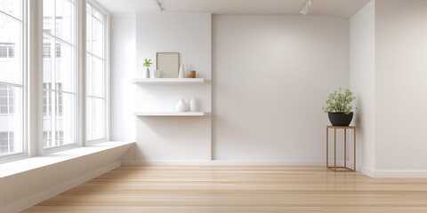 Minimalist interior of empty living room with wooden floor and white walls, featuring shelf on left side with decorations and plants, bright window on right edge, modern clean home design background