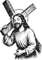 Illustration of Jesus smiling while carrying the cross