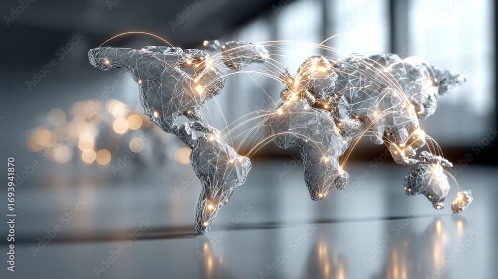 Poster a stylized 3d representation of a world map, interconnected with glowing lines, symbolizing global c