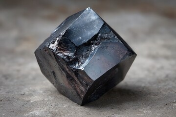 Shiny black crystal formation with complex, geometric planes on gray concrete. Use for geology, mineralogy, and crystal healing articles and website designs.