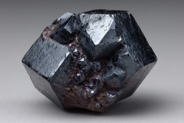 A close-up of a metallic black crystal on grey, rough texture. Use for geological study, or mineral collection, and textures.