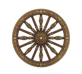 An Ornate Wooden Cartwheel with Gold Details Isolated PNG