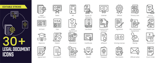 Legal Document Stroke icon collections. Containing Law, Deed, Bill, Power Of Attorney, License, Contracts and Certificates icons. Editable Stroke icon collection Outline icon