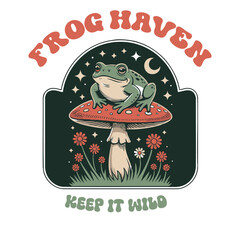 Mossy Hollow Vintage Toad on Amanita Mushroom with Moon and Stars, Whimsical Forest Badge Vector, t-shirt design, poster, banner, easily editable and scalable.