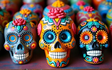 Day of the Dead, greeting banner, Mexican colorful skulls. Mexican, hispanic ceramic pottery Day of the Dead ,Dia de los Muertos, skulls. High quality