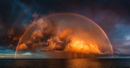 Fototapeta premium A vibrant sunset glows over calm ocean waters, with dramatic clouds painting the evening sky.