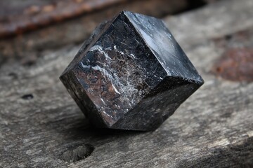 Glossy black crystal dodecahedron sits on a textured, weathered wooden surface. Use it for geology, science, gem, minerals, or crystal healing projects.