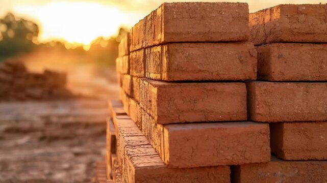Stacked red bricks at a construction site during sunset.