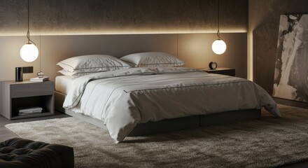Modern Bedroom Interior with White Bedding and Lamps.