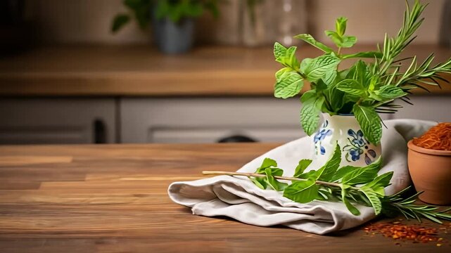 Still life of herbs and spices on wooden table, with pitcher & kitchen background