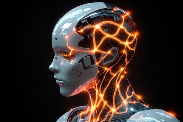 Fototapeta premium Humanoid robot showcases glowing circuits in a futuristic environment