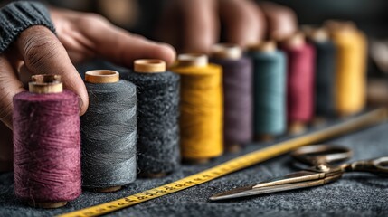 A close-up of colorful sewing thread spools lined up with a measuring tape and scissors, showcasing tools for crafting and tailoring.
