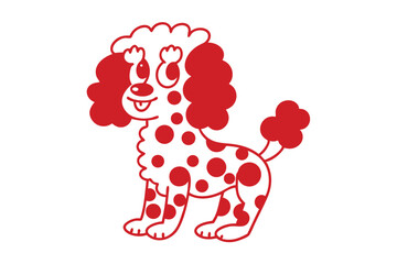 Cartoon doodle poodle appears playful with red polka dots and curly hair on white