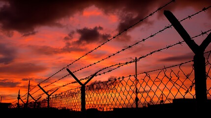 Barbed Wire Fence Silhouette Against Dramatic Orange and Red Sunset Sky