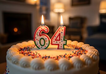 Colorful sixty four birthday cake with sprinkles