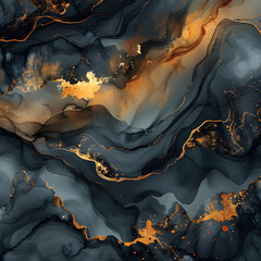 Abstract dark and gold marbled pattern with flowing lines and texture, resembling mineral or geological formations.