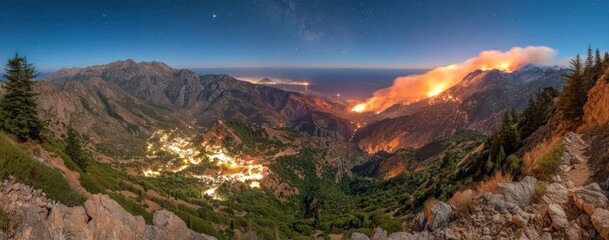Wide panorama of a valley at night, with a wildfire blazing across the mountain range, and a small illuminated town in the distance
