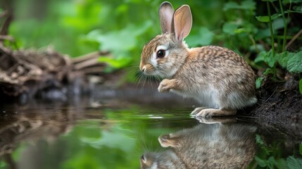 Fototapeta premium Rabbit hopping in lush green foliage
