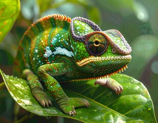 Obraz premium Exotic Chameleon Perched on Vibrant Green Leaf with Detailed Scales and Captivating Eye