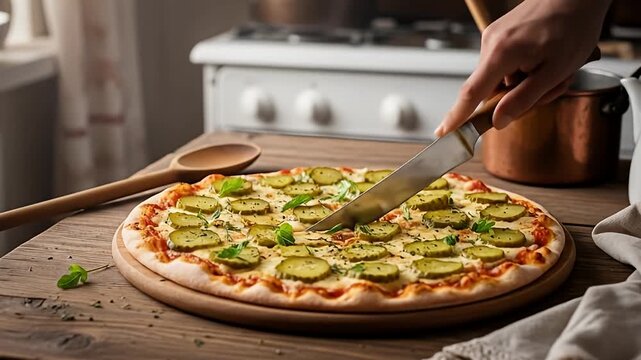 Pickle pizza on wooden board, slice being cut in a rustic kitchen environment