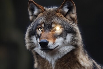 Wolf with radiant eyes reflects the power of the moon in a mystical forest setting under twilight sky