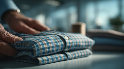 A close-up of hands folding a neatly checked shirt, showcasing attention to detail in fabric presentation.
