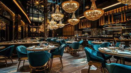 A luxurious restaurant interior with dark furniture, gold accents, and chandeliers, featuring tables and chairs with blue cushions.
