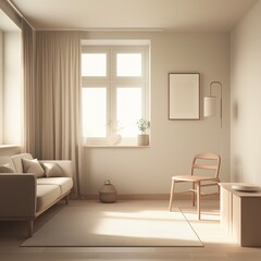 Fototapeta premium Minimalist interior of empty living room with wooden floor and white walls, featuring shelf on left side with decorations and plants, bright window on right edge, modern clean home design background