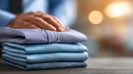 A close-up of folded shirts stacked neatly, with a person's hands resting gently on top, showcasing a tidy and organized appearance.