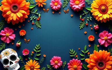 Dia de los muertos festive background with colorful sugar skull and marigold flowers top view for creative designs. High quality