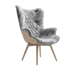 Fototapeta premium Isolated tall grey quilted chair. Angled shot shows wooden frame and legs. Button details on high back. Soft texture